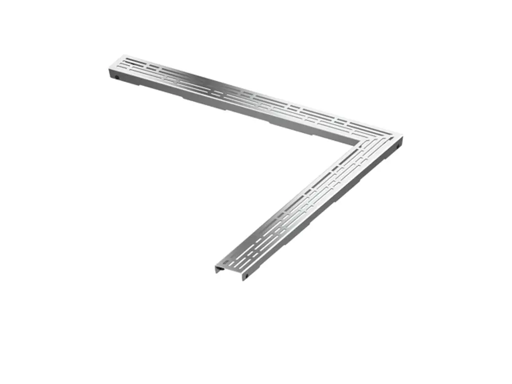 Edelstahlrost mit perforierter Oberfläche von TECE, in L-Form mit zwei langen Seiten. Geeignet für die Verwendung in modernen Innenräumen.
